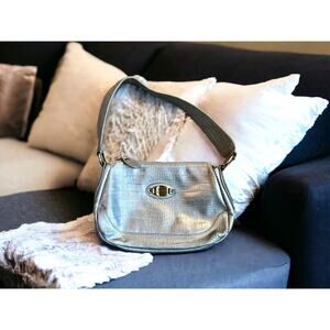 Tommy Hilfiger Faux Croc Leather Shoulder Purse Bag Metallic Silver Embossed